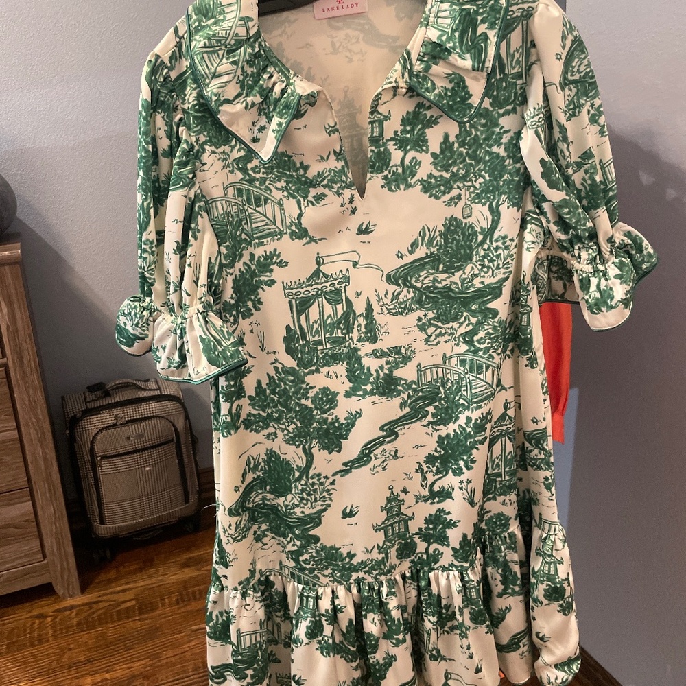 Lake lady, cream and green ruffled tea time dress